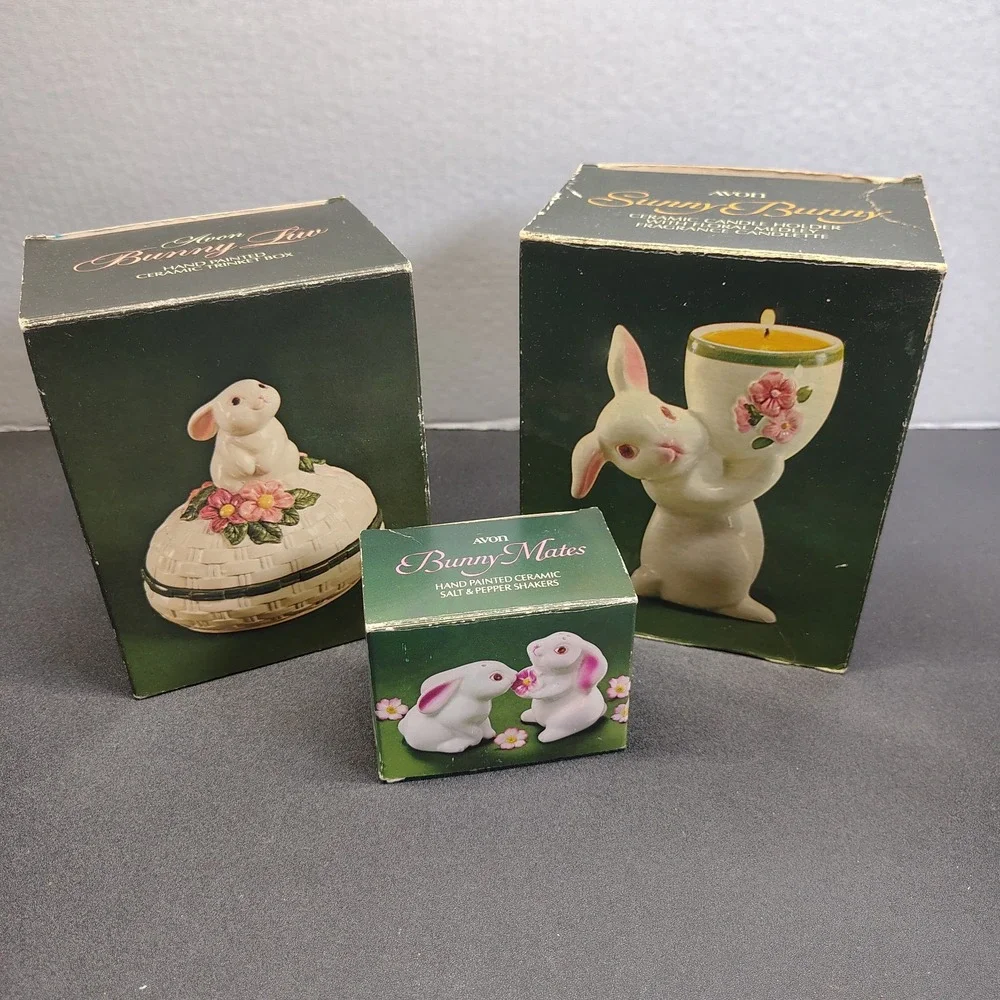 Vintage Avon Bunny lot Salt Pepper Shakers, Candle & trinket box